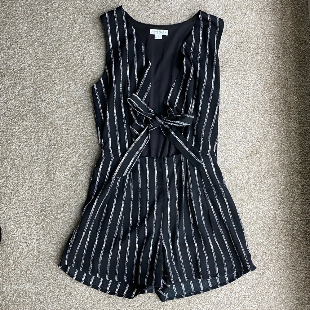 Pinstriped peephole bow tie romper